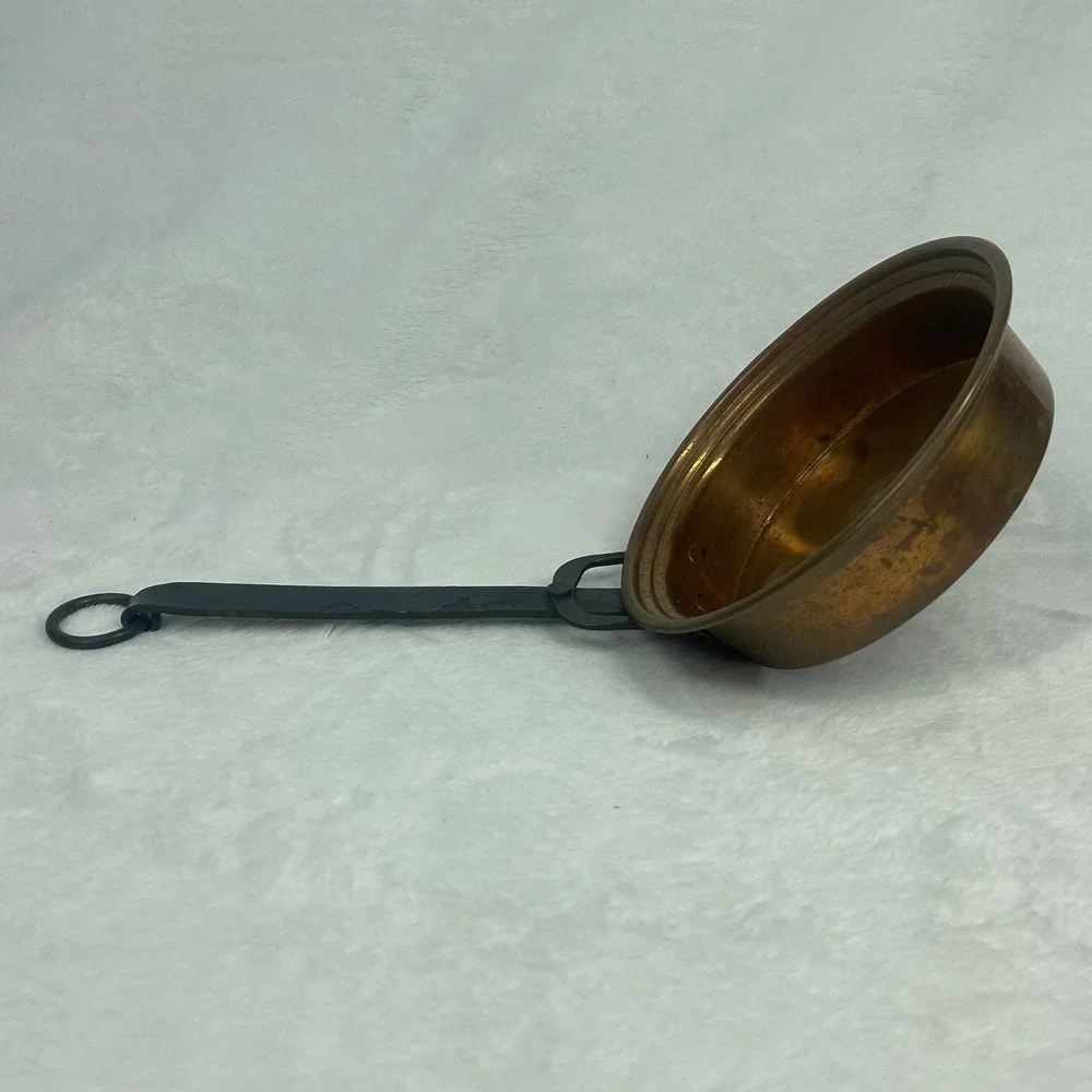 Vintage Solid Copper Pan Forged Iron Handle Hanging Hearth Kitchen Primitive